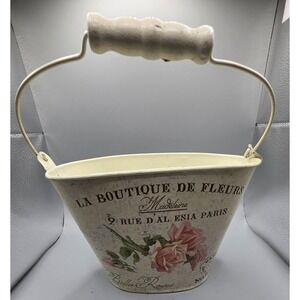 French Country Metal Flower Bucket Planter Pink Roses Shabby Chic Farmhouse...